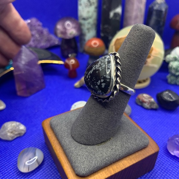 Comfort Curl ADJUSTABLE Beautiful Snowflake Obsidian Ring! .925 Sterling Overlay - Picture 3 of 16